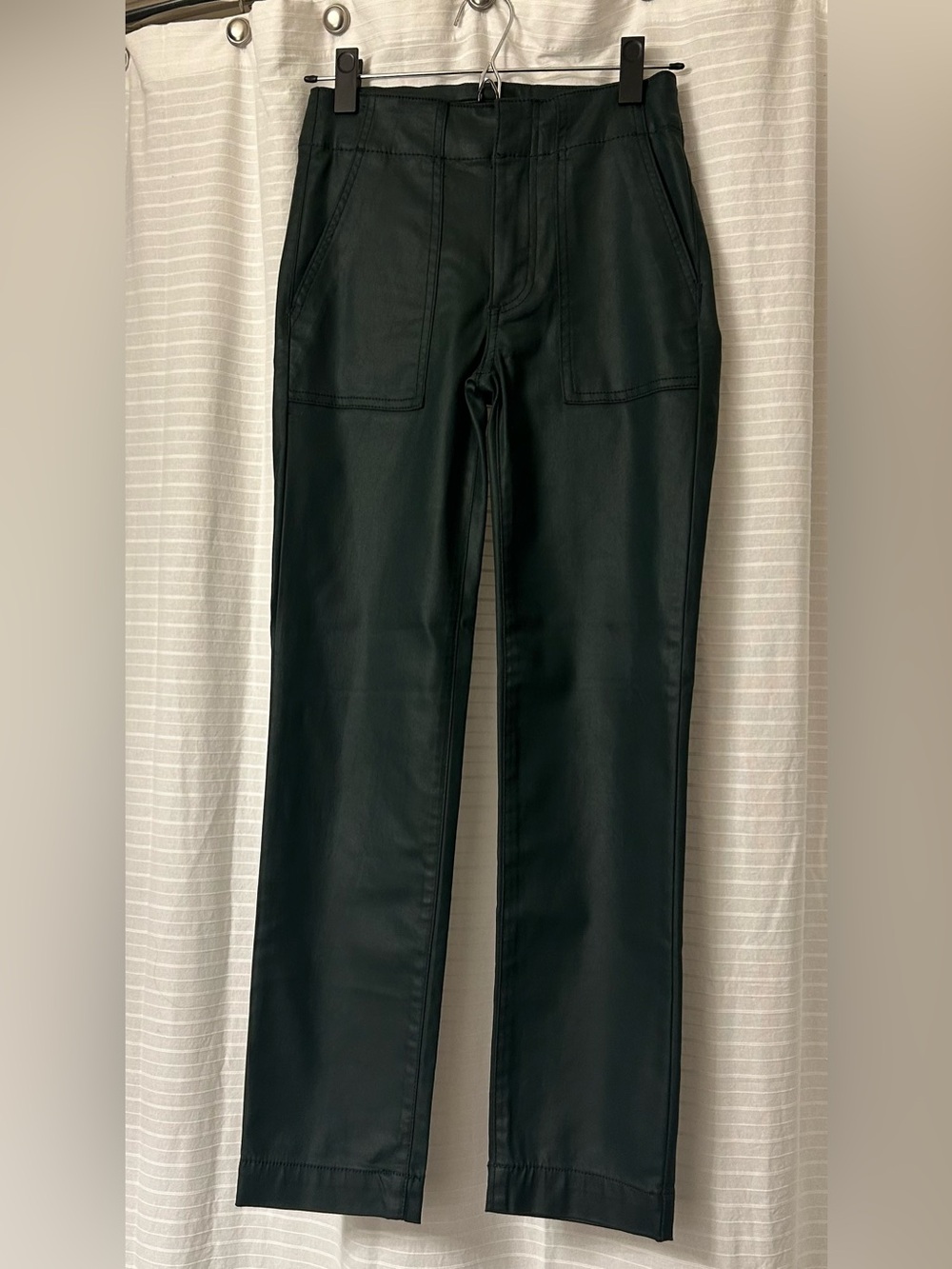 Women’s Coated Dark Green Casual Straight-Leg Pants